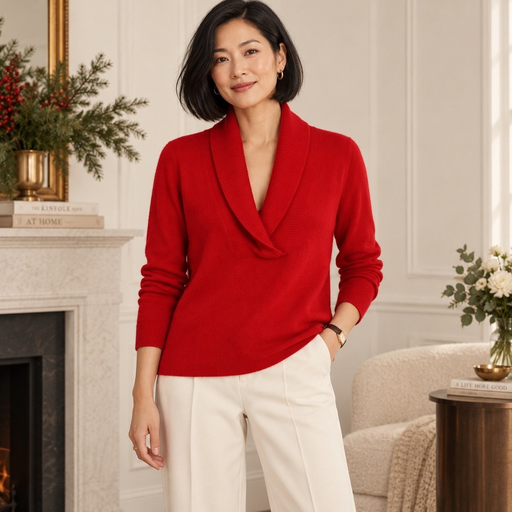 Old Navy 100% Cashmere Red Shawl Collar Sweater Large Quiet Luxury Pullover